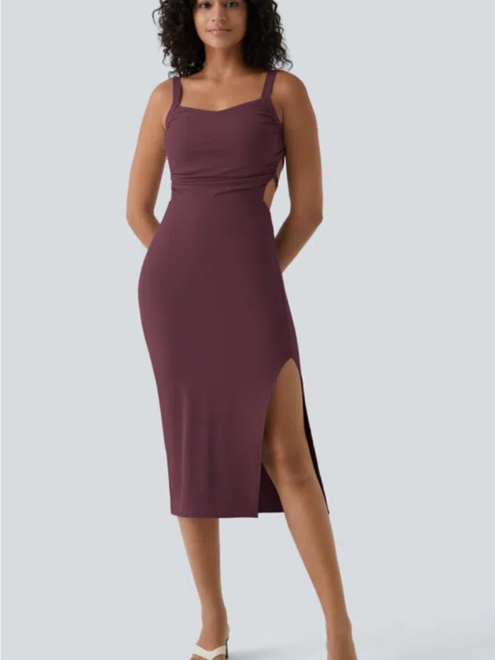 Halara Ruched Lace Up Bodycon Midi Dress Small Plum Cutout Open Back